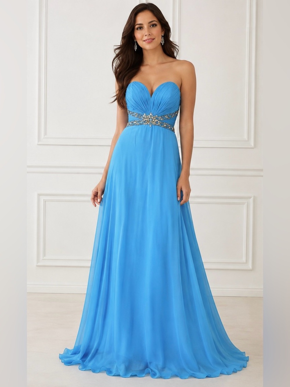 Riva Designs Turquoise Beaded Strapless Chiffon Formal Gown Size 6